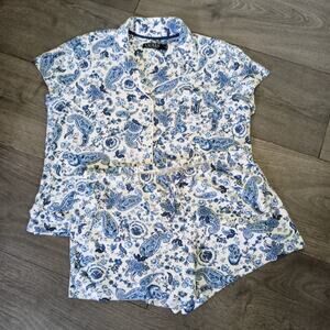 RALPH LAUREN Black Label 2Pc Pajama Set L Button Top Shorts Blue White Paisley